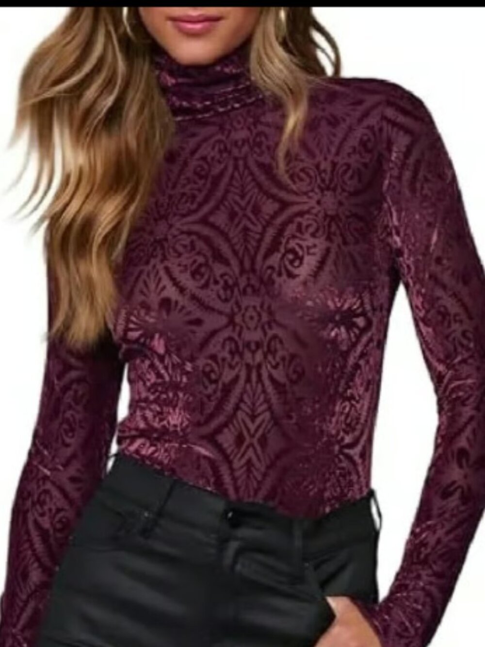 WHITE HOUSE BLACK MARKET MOCK TURTLENECK TOP RED VELVET SEMI SHEER NEW L
